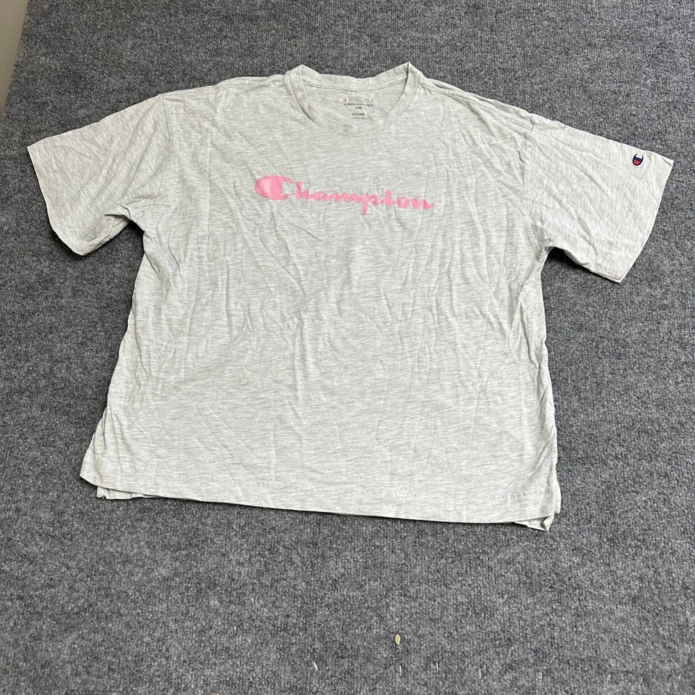 Champion T-Shirt Womens Size L Gray Pink Script Logo Short Sleeve Athletic Top
